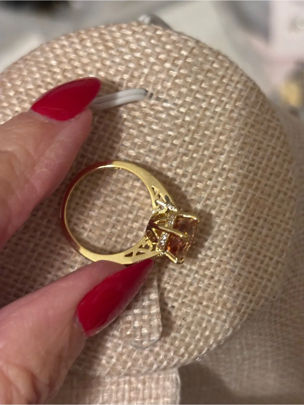 Gold Ring with pink Oval Gem and Pavé Accents